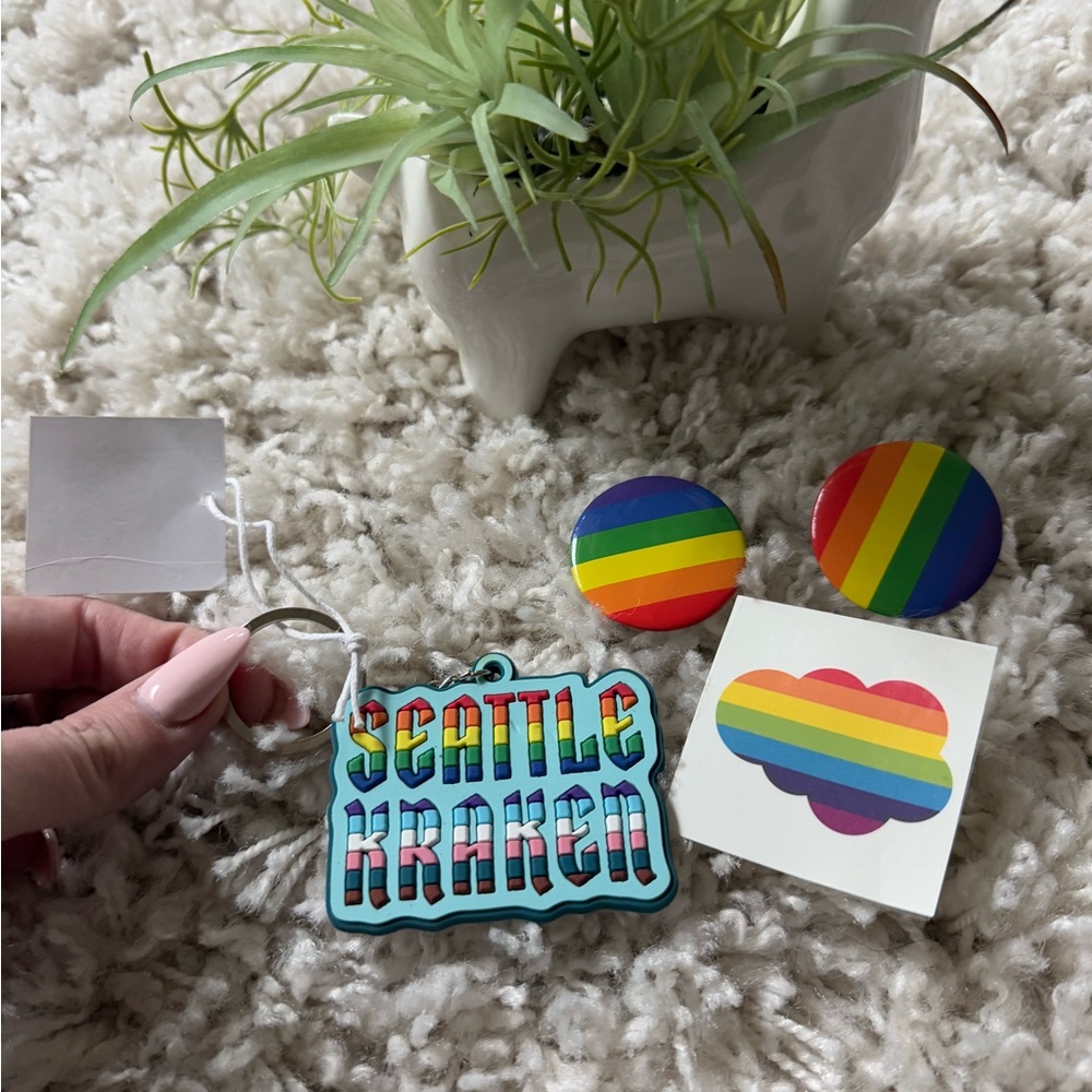 Seattle Kraken pride bundle - 2 pins, 1 keychain, and 1 sticker